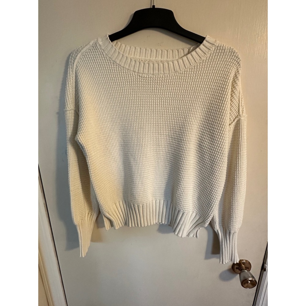 Jessica Simpson Womens Cream Waffle‎ Knit Pullover Sweater Split Hem Size Small